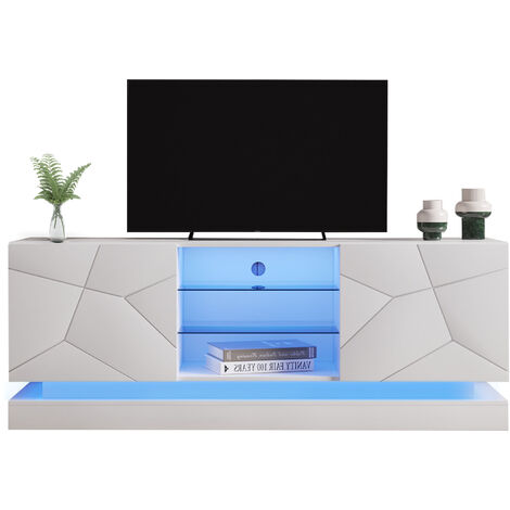 Modernluxe – Meuble TV 160cm pour TV 70" – 2 portes blanches – 3 étagères en verre – Gestion des câbles – Design moderne (1/5)