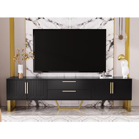 Meuble TV L 170cm - aspect brillant - 4 portes texturées gravées avec poignées dorées - Noir (1/5)