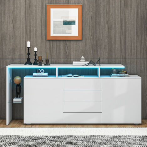 Modernluxe – Buffet bas 160x35x70cm avec éclairage LED – 4 tiroirs et 2 portes – Panneaux de particules pour rangement multimédia (1/5)