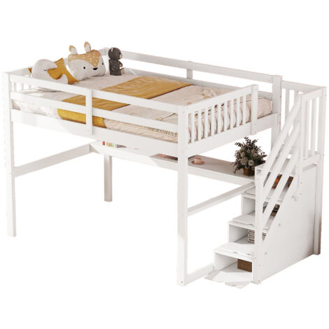 Lit Mezzanine 140x200 Cm, Lit Enfant/ado Avec Sommier à Lattes, Lit En Ado Avec Sommier A Lattes Lit En Metal Avec Escalier De Rangement Noir Sans Matelas 98746679