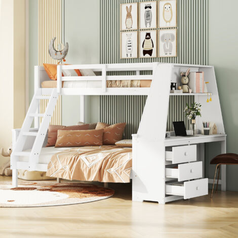Modernluxe – Lit superposé 140x200cm en pin massif et MDF – Bureau intégré avec 3 tiroirs – Capacité 150 kg – Dimensions 242x141x154 cm
