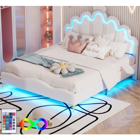 Lit enfant 140x200cm avec LED - lit princess avec coussin en similicuir - Blanc (1/4)