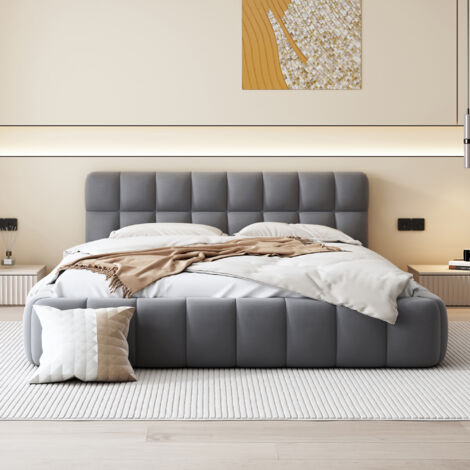 Modernluxe – Lit double rembourré 140x190cm – dossier souple en lin – structure robuste en MDF – capacité de charge 250kg – assemblage facile (1/5)