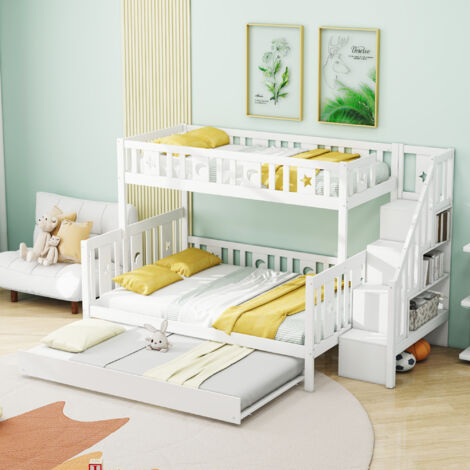 Lit superposé enfant 90/140x200 cm + lit gigogne 90x190 cm - en bois massif - avec escalier de rangement - Blanc (1/5)
