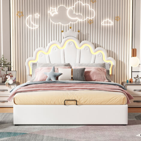 Modernluxe – Lit coffre rembourré en similicuir 140x200cm – avec LED et moulures en couronne – cadre hydraulique pour rangement – blanc