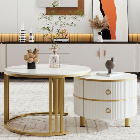 Lot de 2 tables basses gigognes avec 2 tiroirs - plateau à motif de marbre - Doré & Blanc