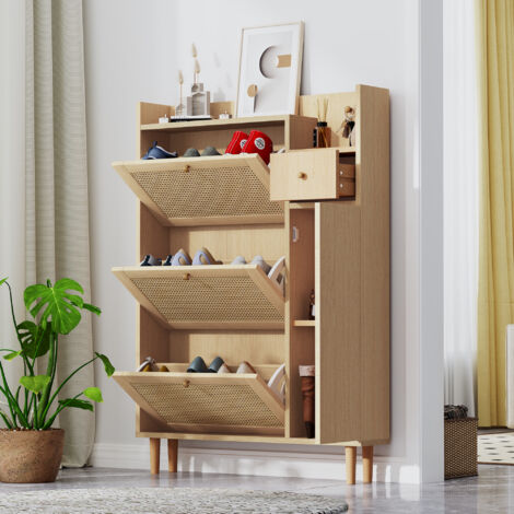 Modernluxe – Meuble à chaussures en bois massif et rotin – 3 portes abattantes – 1 tiroir – étagère réglable – 90x17x125 cm – Naturel