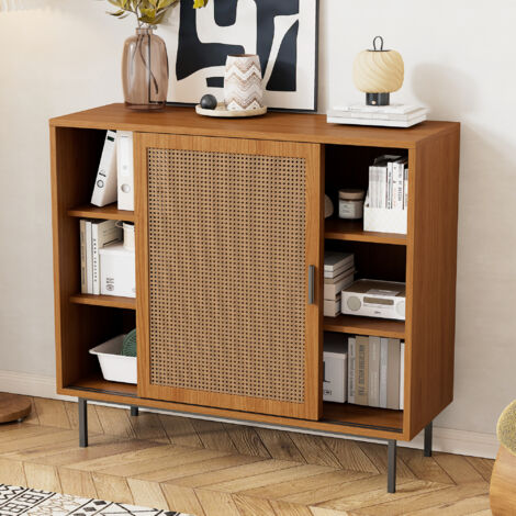 Modernluxe – Buffet bas 100x37x90 cm – 2 portes coulissantes en rotin – étagères réglables en panneaux de particules – charge 50kg (1/5)