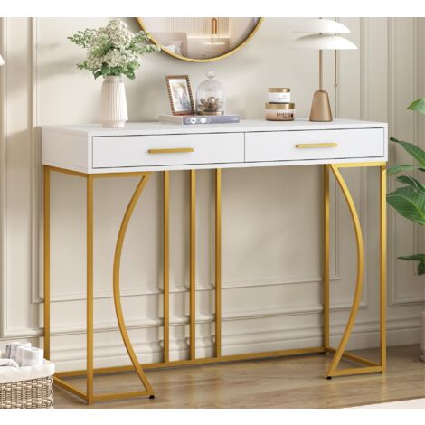 Console avec 2 tiroirs - style moderne - Blanc & Doré