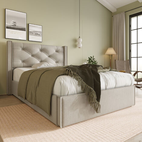 Modernluxe – Lit coffre capitonné 90x200cm – Tissu coton gris clair – Sommier à lattes relevable – Rangement sous le lit – Capacité 150kg (1/6)