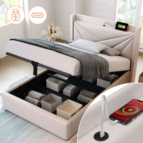 Lit coffre tissu en lin - avec port de charge USB - 90x200 cm - Beige (1/7)