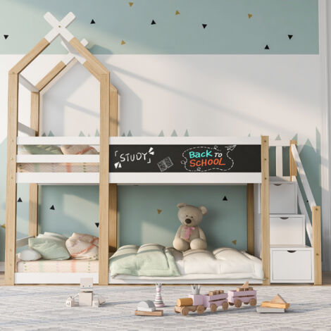 Modernluxe – Lit superposé en pin massif 90x200 cm – Escalier avec rangement – Blanc et naturel – Panneau noir créatif pour espace d'activité
