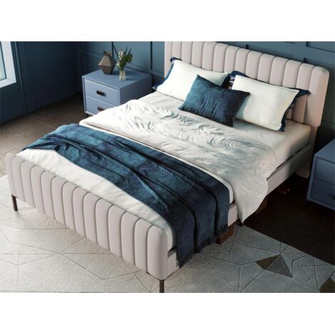Lit adulte rembourré en tissu lin - avec tête de lit réglable - 180x200 cm - Gris clair (1/5)