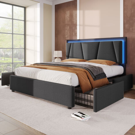 Modernluxe – Lit adulte 140x200 cm avec 2 tiroirs et éclairage LED – Tissu lin gris – Hauteur pied de lit 30 cm – Rangement pratique (1/5)