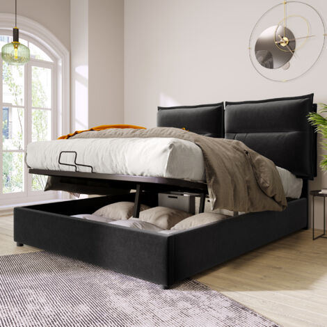 Modernluxe – Lit coffre rembourré en velours 140x200 cm – Tête de lit réglable – Sommier à lattes – Rangement facile avec vérin de levage (1/8)