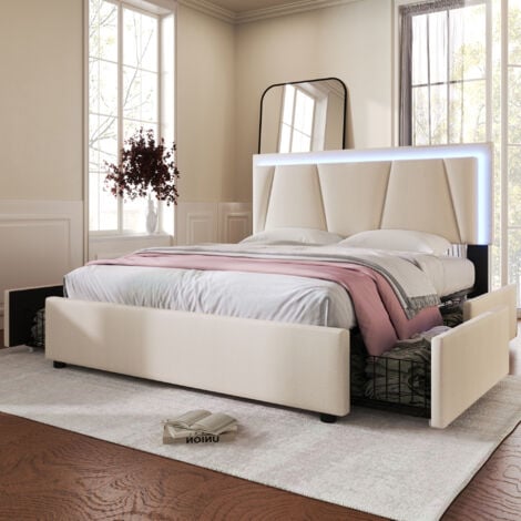 Lit adulte avec 2 tiroirs et LED - tissu en lin - 160x200 cm - Beige