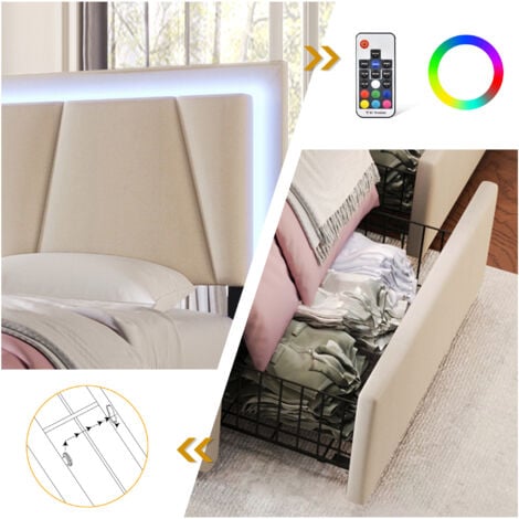 Lit adulte avec 2 tiroirs et LED - tissu en lin - 160x200 cm - Beige