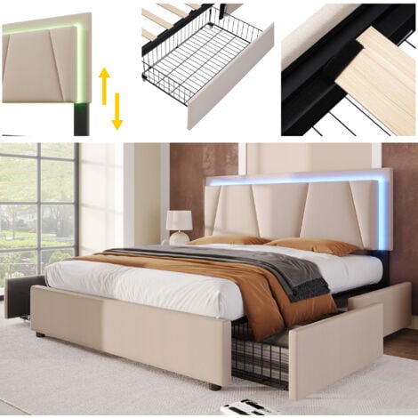 Lit adulte avec 2 tiroirs et LED - tissu en lin - 160x200 cm - Beige