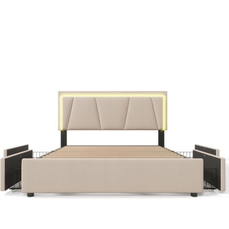 Lit adulte avec 2 tiroirs et LED - tissu en lin - 160x200 cm - Beige