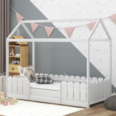 Modernluxe – Lit cabane 90x200 cm en bois massif – Protection antichute – Capacité 120 kg – Peinture inodore à base d'eau – Assemblage requis (1/8)
