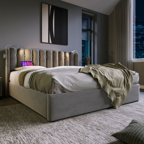 Modernluxe – Lit coffre capitonné en velours 160x200 cm – Avec LED et ports de charge USB – Grand espace de rangement – Construction robuste (1/5)