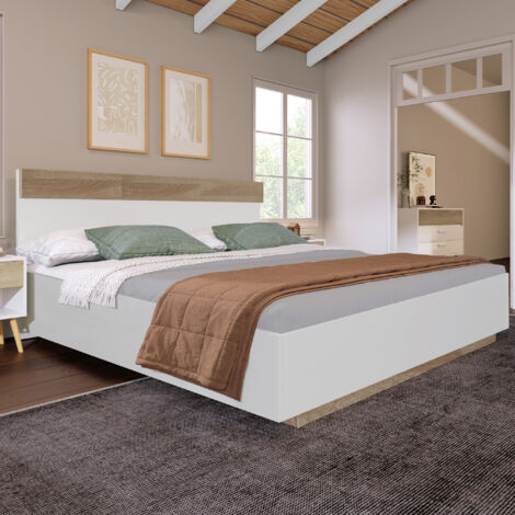 Modernluxe – Lit adulte en bois 180x200 cm – Sommier à lattes – Finition blanche avec accents en chêne – Montage facile (1/5)