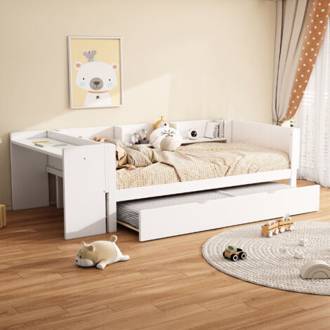 Modernluxe – Lit simple 90x200 cm avec lit gigogne – Bureau intégré – Matériau pin massif et MDF – Espace de rangement – Montage requis