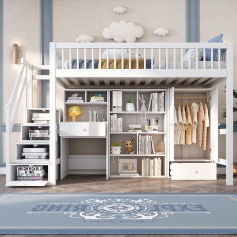 Modernluxe – Lit mezzanine en bois massif et MDF 90x200 cm – Bureau, armoire et escalier de rangement – Design blanc moderne