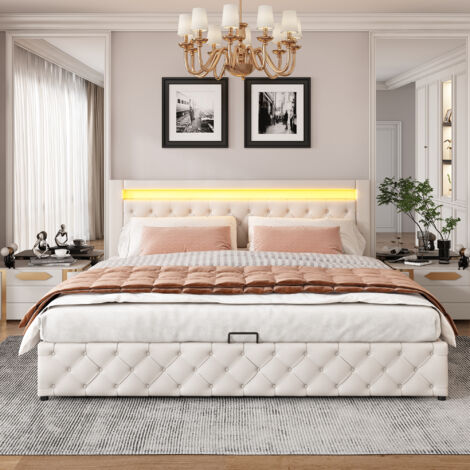 Lit coffre rembourré en similicuir avec LED - 180x200cm - avec sommier à lattes - Blanc (1/5)