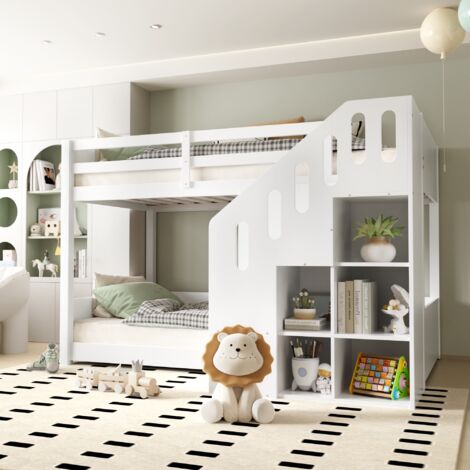 Lit superposé pour enfant - 2x90x200 cm - avec casier d'escalier et garde-corps - Blanc (sans matelas) (1/5)