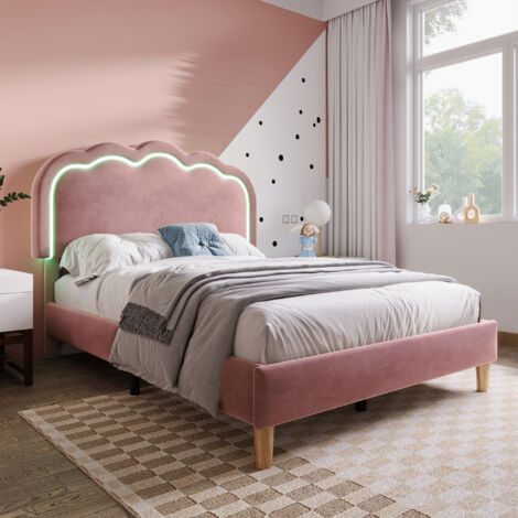 Modernluxe – Lit avec LED et tête de lit réglable – Velours rose – Dimensions 90x190 cm – Ambiance lumineuse personnalisable (1/7)