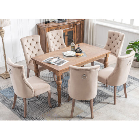 Lot de 6 chaises de salle à manger en velours - matelassage de boutons - Beige (1/5)