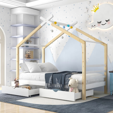 Lit cabane 90x200 cm en bois massif avec 2 tiroirs - Naturel & Blanc (1/7)