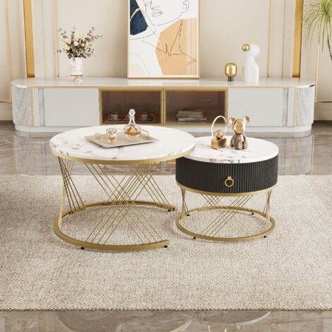 Lot de 2 tables basses avec un tiroir - plateau en MDF à motif de marbre - Blanc (1/5)