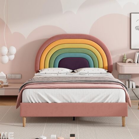 Lit enfant en velours - 140x200cm - avec tête réglable colorée - Rose (1/5)