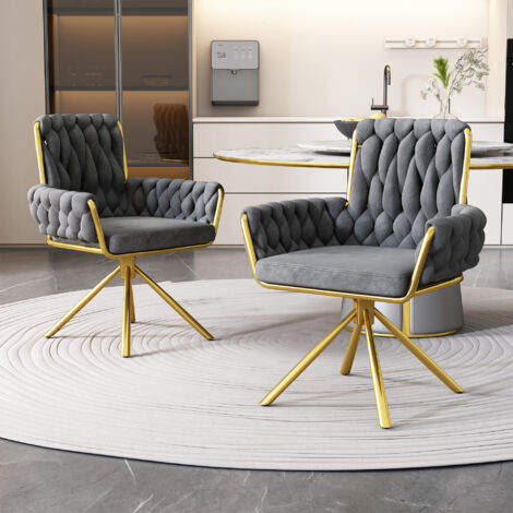 Chaise pivotante en velours avec accoudoirs - pieds en métal doré - Gris - 2 pièces (1/5)
