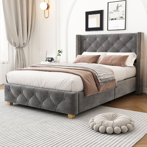 Modernluxe – Lit simple rembourré en velours 90x200cm – Tête de lit 50cm – Sommier à lattes stable – Bois et métal – Gris moderne (1/5)