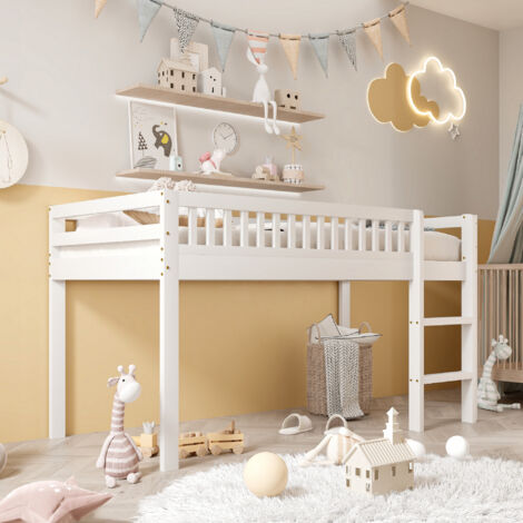 Lit Enfant 90x200 Cm En Bois Massif – Avec Barrière De Sécurité Amovible Et Porte, Sommier Inclus, Blanc