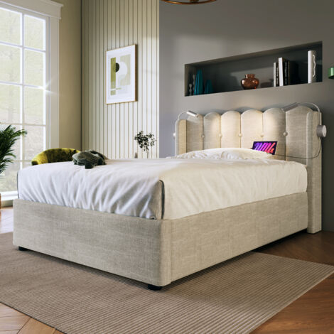 Modernluxe – Lit coffre capitonné en lin 90x200 cm – Avec LED et ports de charge USB – Grand espace de rangement – Construction robuste