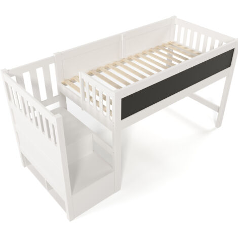 Lit Enfant 90x200 Avec Tableau Noir Et Rangements - Lit Superposé Bois Massif Blanc - Matelas Non Inclus