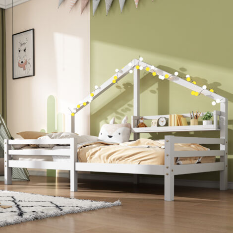 Lit cabane 90x200cm en bois de pin massif – avec étagères de rangement – design scandinave – sécurité renforcée pour enfants – Merax