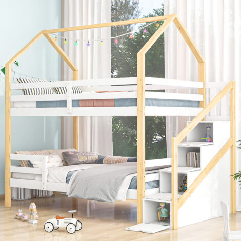 Lit superposé 90x200 cm en bois de pin - avec échelle de rangement et sommier à lattes - Blanc