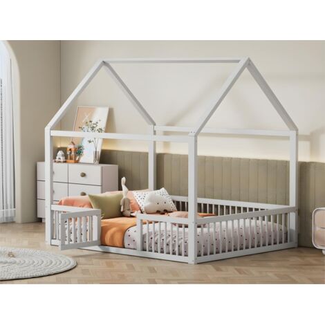 Modernluxe – Lit cabane enfant 140x200cm – Structure en bois massif – Porte de sécurité 35,5cm – Assemblage facile – Épaisseur matelas 10-20cm