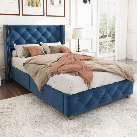 Modernluxe – Lit simple rembourré en velours 90x200cm – Tête de lit 50cm – Sommier à lattes robuste – Couleur bleu (1/5)