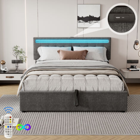 Lit coffre 160x200 cm en tissu lin avec LED - prises USB et Type-C sur le lit - avec sommier à lattes - Gris (1/5)