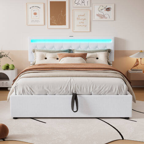 Lit coffre 160x200 cm en tissu lin avec LED - prises USB et Type-C sur le lit - avec sommier à lattes - Blanc (1/5)