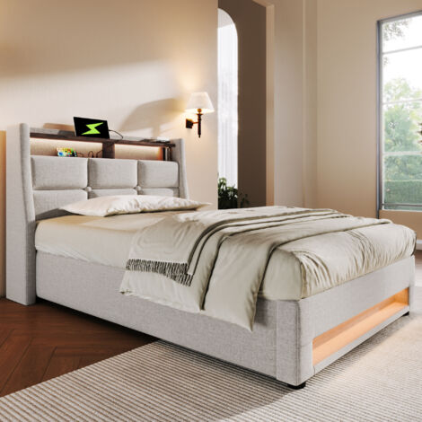 Lit coffre en lin 90x200cm avec LED et ports USB - sommier à lattes - beige (1/5)
