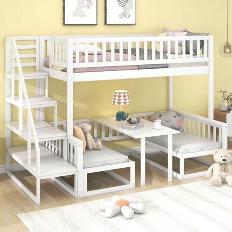 Modernluxe – Lit mezzanine 90x200 cm et 120x200 cm en pin massif – Table flexible et canapé inclus – Sommier à lattes – Blanc (1/9)