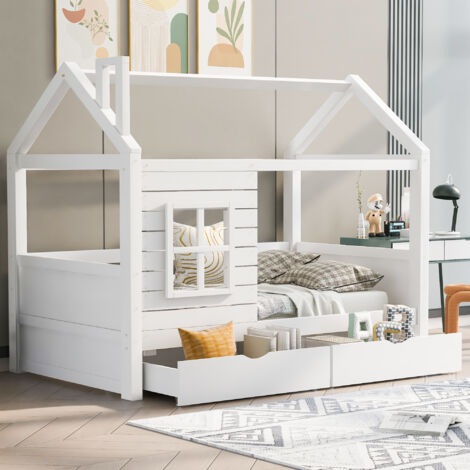 Lit cabane 90x200 cm avec 2 tiroirs - en forme de maison - en bois massif - Blanc