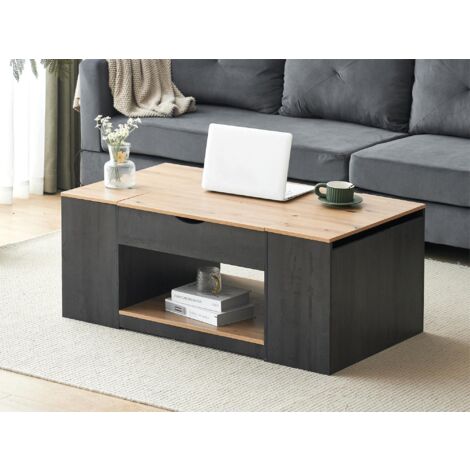 Modernluxe – Table basse relevable MDF avec rangement – Dimensions 109,5x59,7x43-57,4 cm – Couleur gris et naturel – Leviers hydrauliques pour bureau